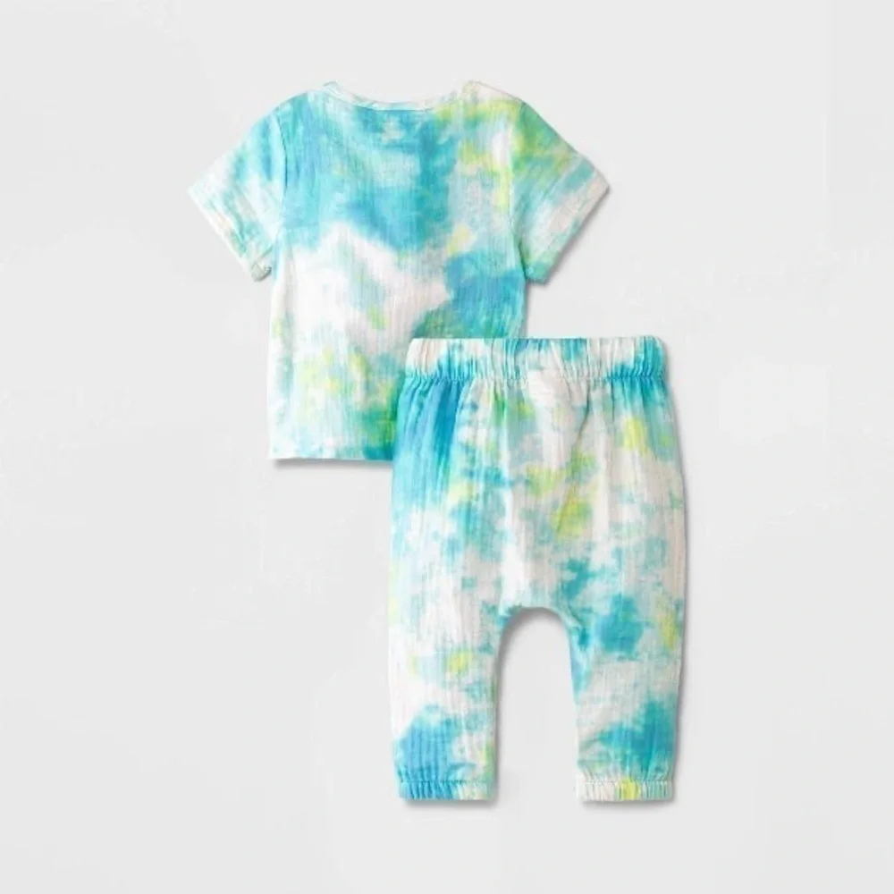 Baby Gauze Tie-Dye Henley Top & Bottom Set - Cat & Jack™ Mint Green 0/3M NWT